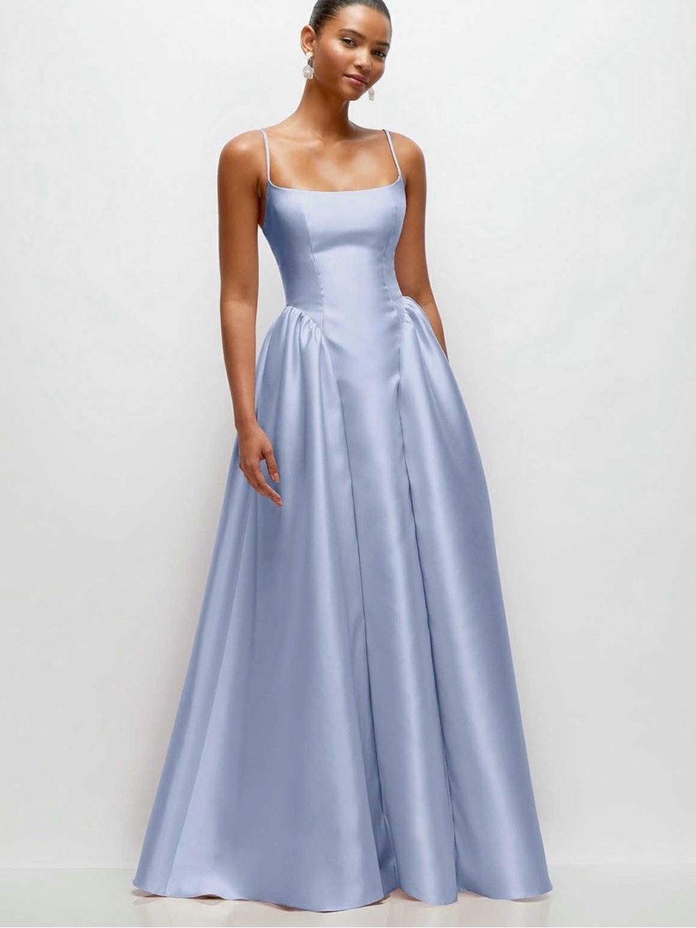 Dessy Collection Satin Spaghetti-Strap Gown in Cloudy (Light Blue)